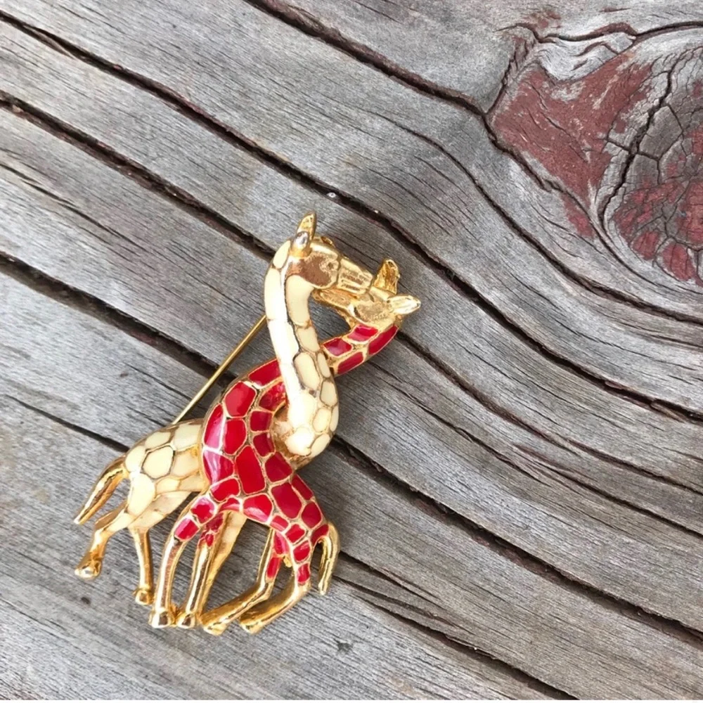 Vintage Gold Toned Enamel Entwined Giraffes Pin Brooch Orange Yellow